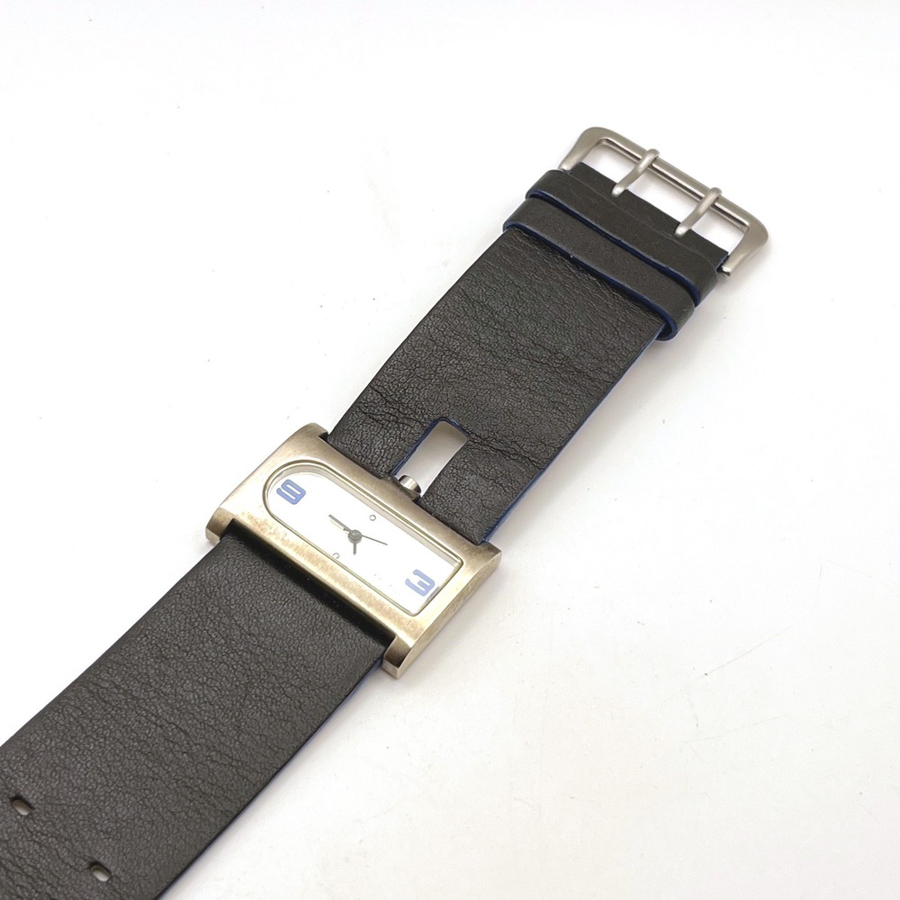TOKYObay Rectangular Watch Black Leather Wide Strap Blue Accents Brushed Silver